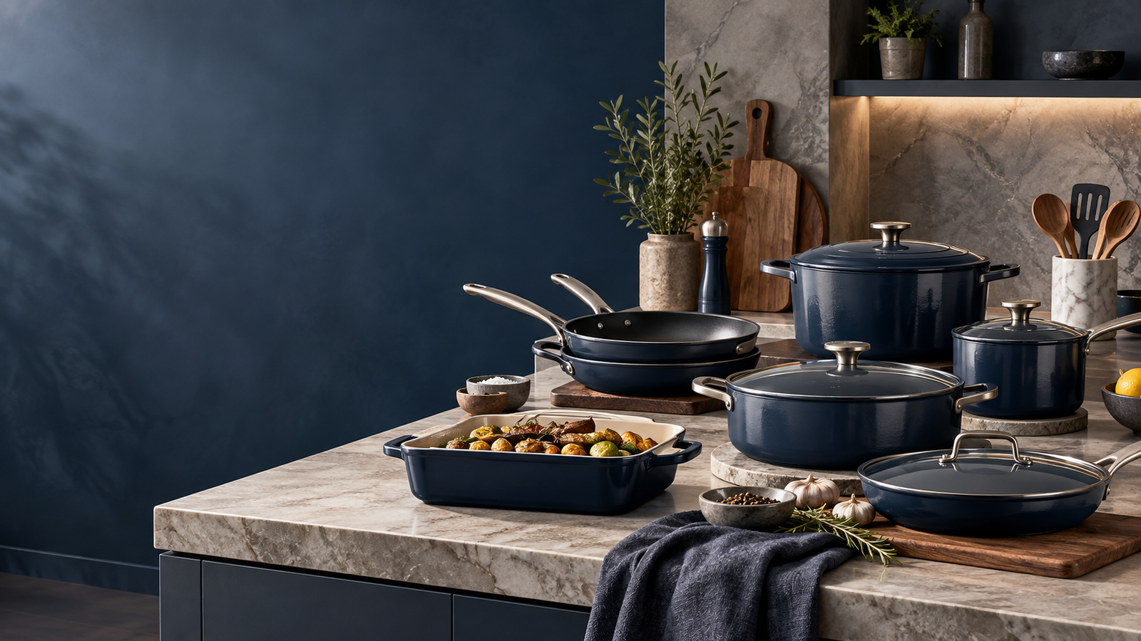 Cookware and kitchen essentials arranged in a bright modern kitchen