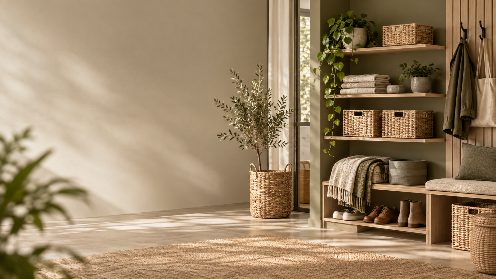 Organised home storage with shelves, baskets and practical household accessories