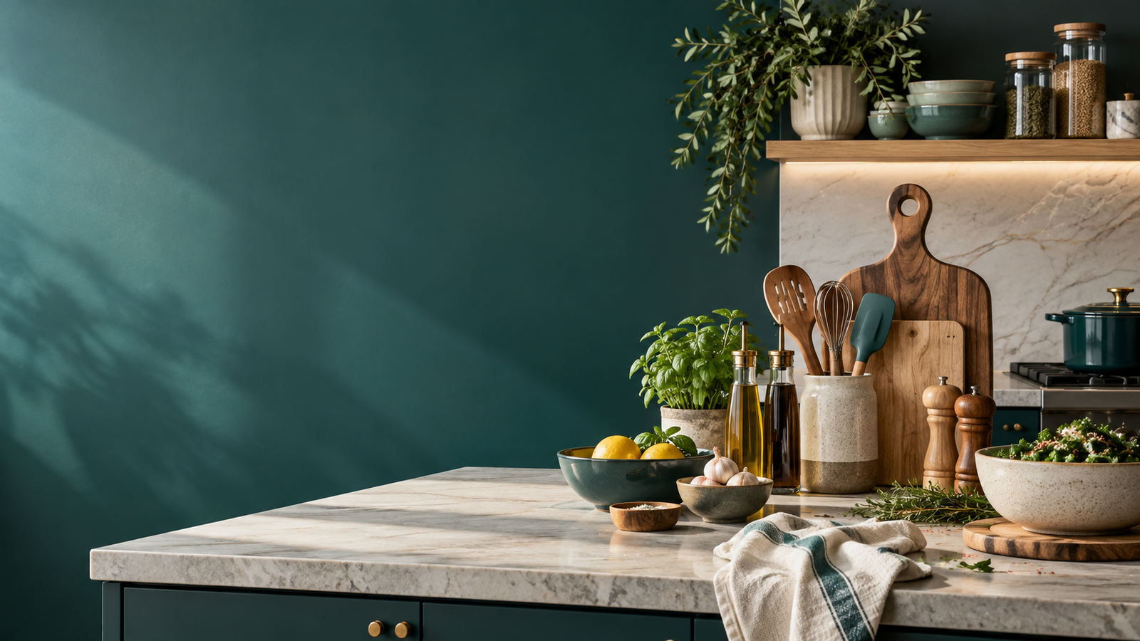 Kitchen utensils and food preparation essentials on a modern kitchen counter