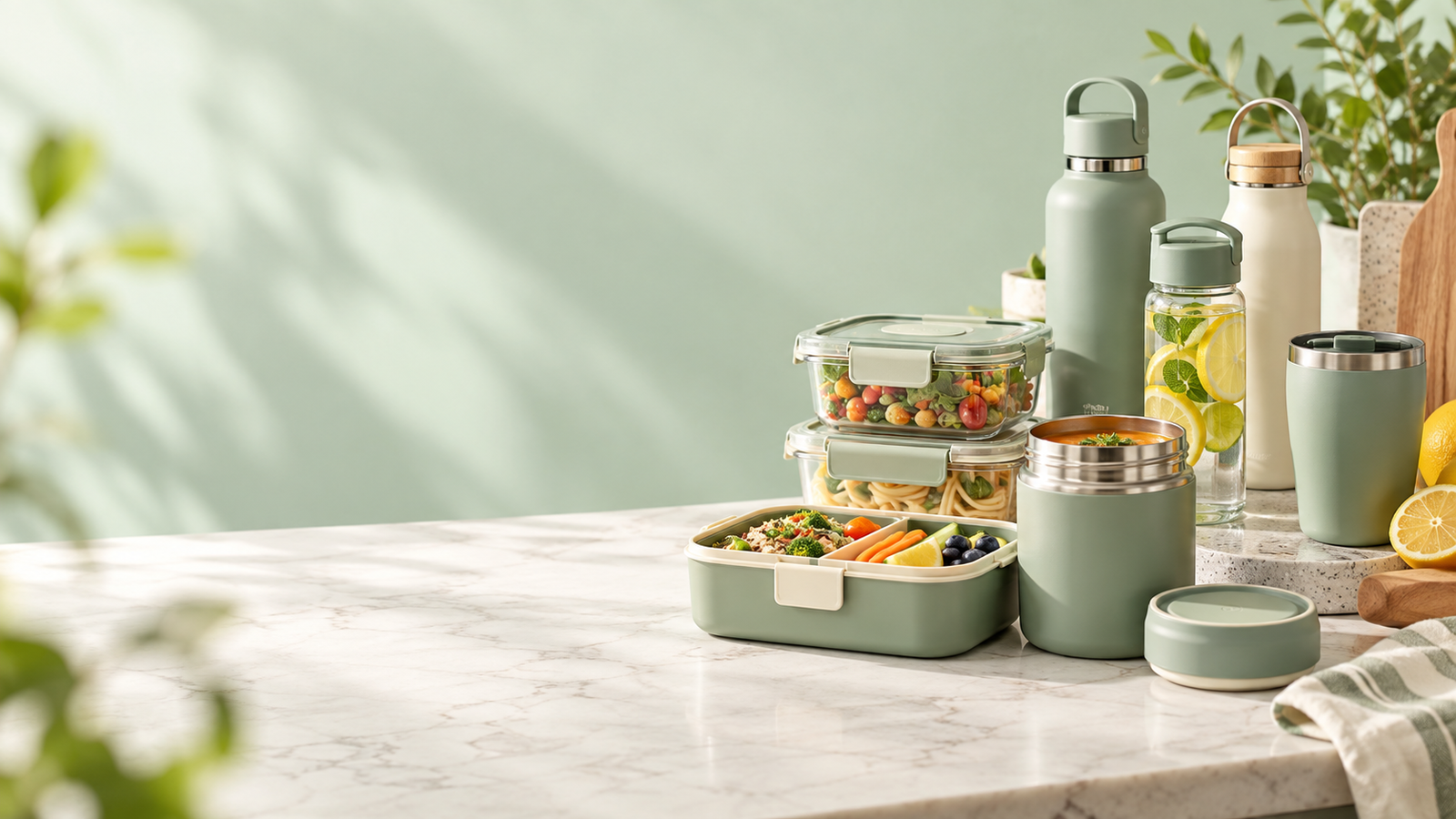 Food storage containers, lunch boxes and drinkware arranged for everyday use